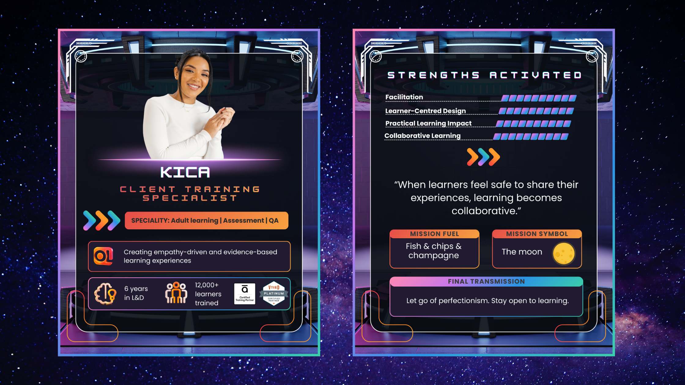 Double-sided meet the trainer trading card for Kica