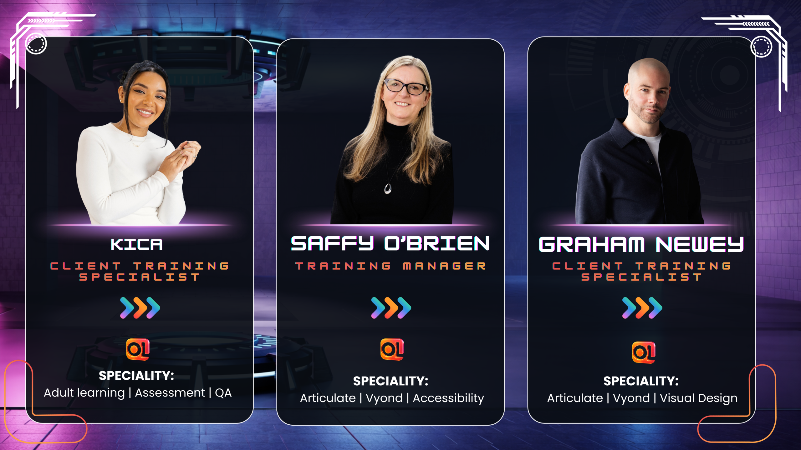 Meet the trainers trading cards, in a space mission control themed design, featuring Kica, Saffy O'Brien and Graham Newey